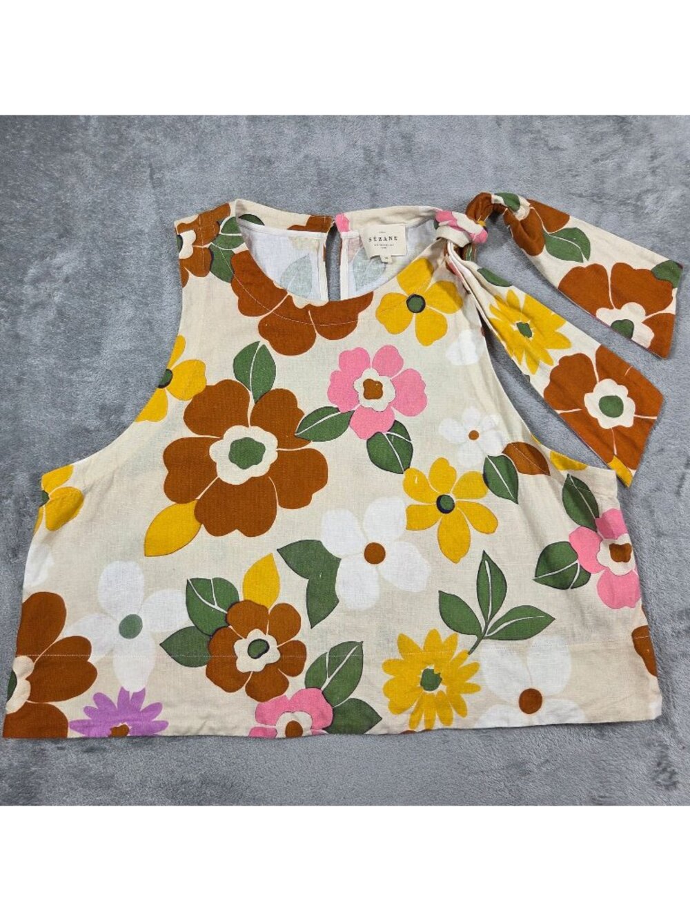 Sezane Top 46 / 14 Loren Floral Sol Print Linen Blend Cropped Feminine Blouse